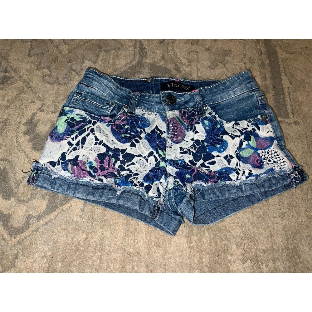 Vigoss Jean Shorts Youth Girls Size‎ 7 Blue  Denim & Lace
